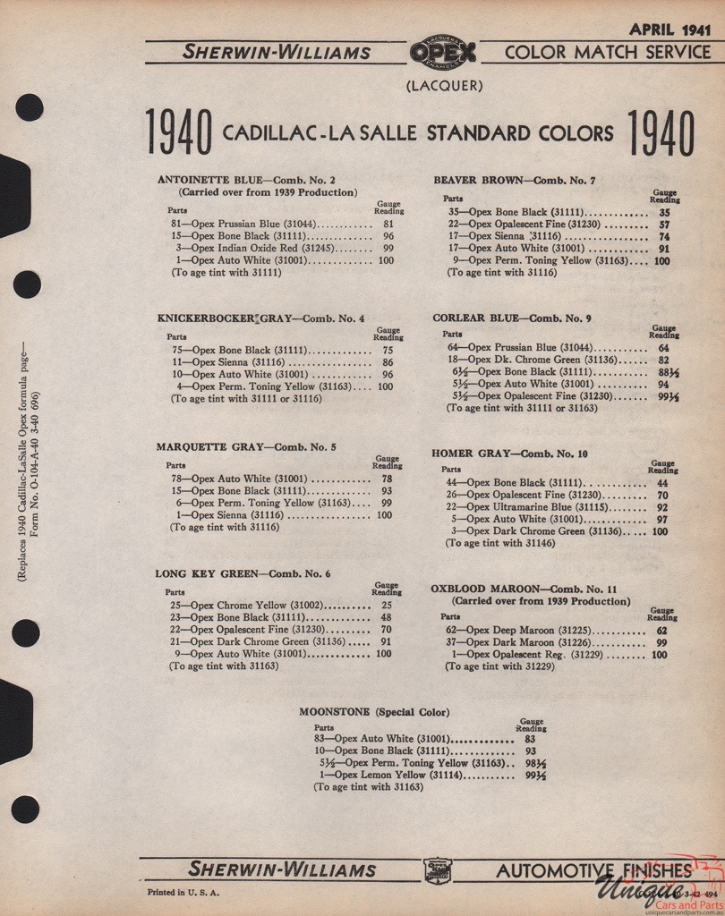 1940 Cadillac Paint Charts Williams 2